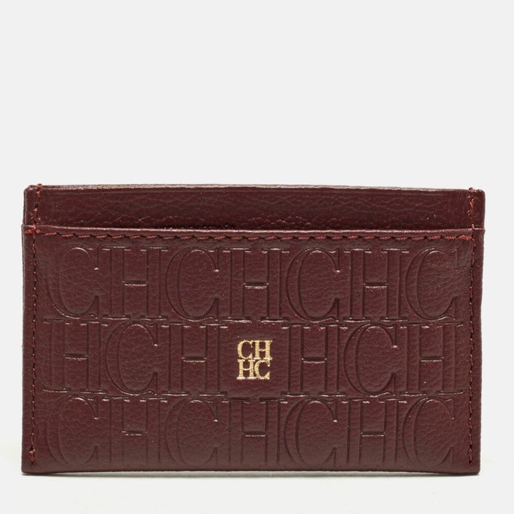 Ch Carolina Herrera Burgundy Monogram Embossed Leather Card Holder
